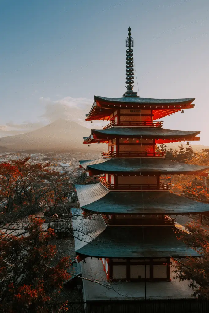 (2026) Postcard From Chureito Pagoda Chureito Pagoda with Mount Fuji behind it at sunrise