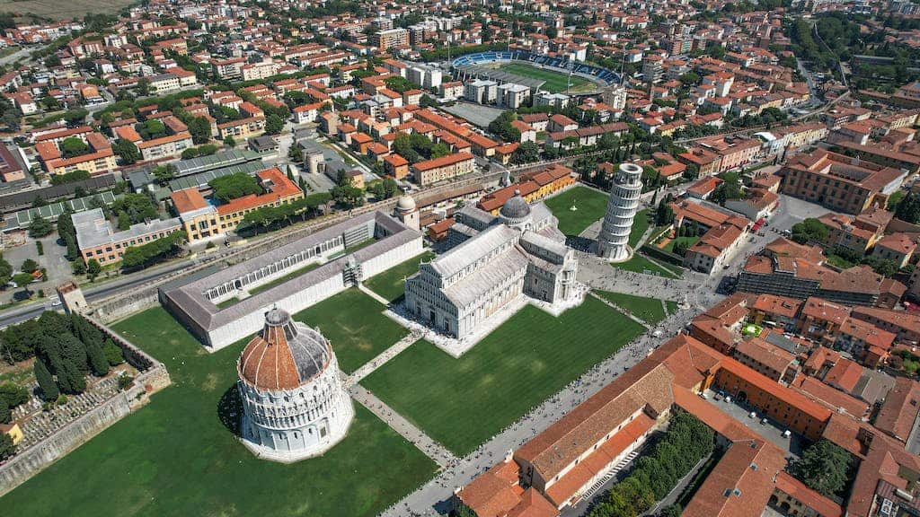 An aerial view of the leaning tower of pisa things to do in pisa italy